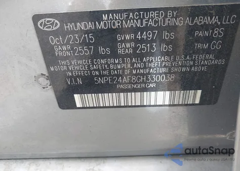 2016 Hyundai Sonata Se z USA, uszkodzony, nr VIN 5NPE24AF8GH330038